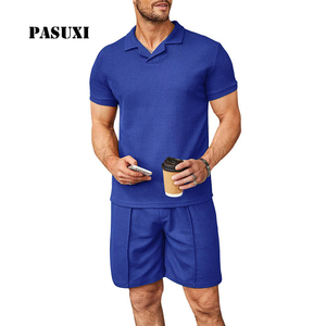 PASUXI Completo Loungewear <span class=keywords><strong>da</strong></span> <span class=keywords><strong>Uomo</strong></span> in Maglia a Nido d'Ape, T-Shirt Oversize con Scollo a V e Pantaloncini con Coulisse, Set Casual Estivo 2 Pezzi - Product Image 1