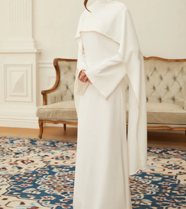 화이트 펄 트림 숄 디테일 맥시 드레스 우아한 진주 장식 케이프 슬리브 이브닝 드레스 2026 EID 아바야 여성 무슬림 드레스 - Product Image 2