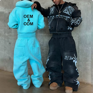 Productos para Dropshipping 2026 |   Conjunto Deportivo Retro Azul Lavado al Ácido de 380GSM, Sudadera con Capucha y Pantalones Jogger para Hombre, 2 Piezas, Estilo Vintage - Product Image 2
