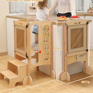مساعد مقعد مطبخ قابل للطي للأطفال مع مقعد من خطوتين كرسي خشبي للأطفال الصغار مع ألعاب نشاط مونتيسوري