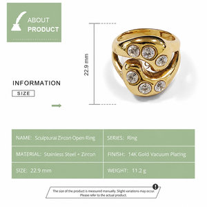 Sculptural Zircon Open <b>Ring</b> Stainless <b>Steel</b> 14K Gold Vacuum Plated Adjustable Statement <b>Ring</b> 22.9 mm - Product Image 3