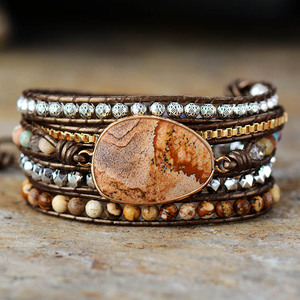 Pulsera de cuero de 5 hebras con piedra decorativa y engaste de bisel, tipo envolvente, Joyería - Product Image 1
