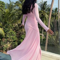 Robe longue asymétrique drapée et froncée rose personnalisée pour femme, à manches longues, taille froncée, pour soirée, faible MOQ