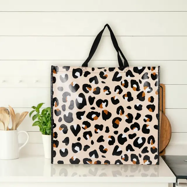 Custom logo reusable eco grocery nonwoven supermarket shopping bag with leopard print