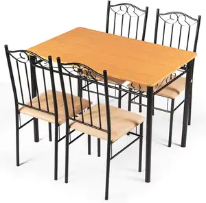 5 PC Dining Table And 4 Fabric Chais Cheap Breakfast Lunch Dinner Table Home Kitchen Room Furniture