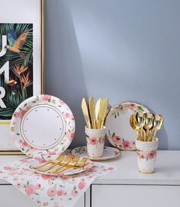 Juego de Vajilla Desechable para Fiestas con Diseño Floral, Vasos, Servilletas, Decoraciones Boho, Platos de Papel para Cumpleaños y Bodas - Product Image 5