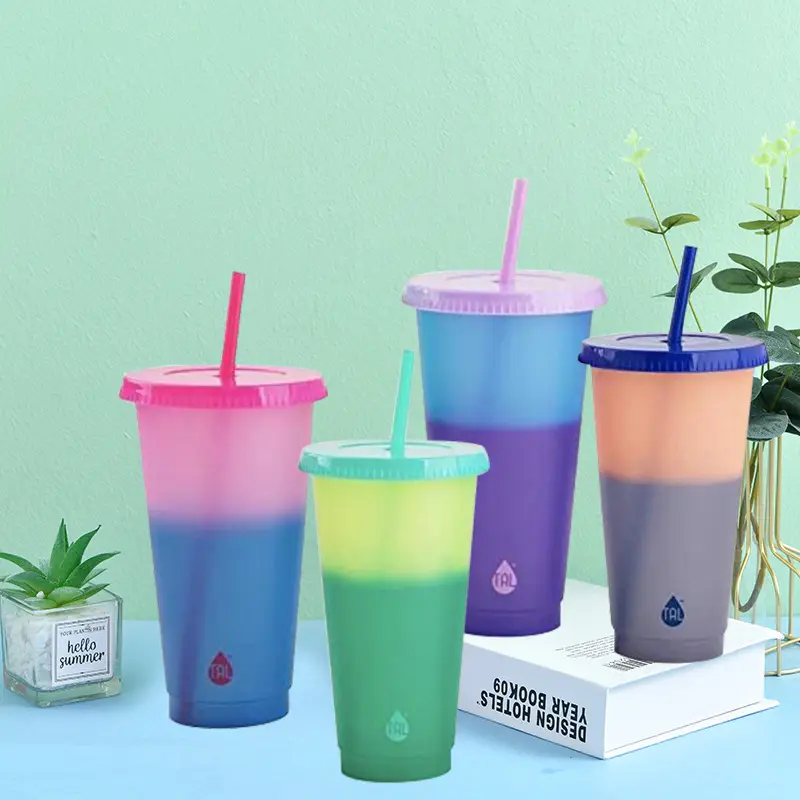 24OZ colour changing reusable cold water coffee cups plastic travel car mug with lids and straws