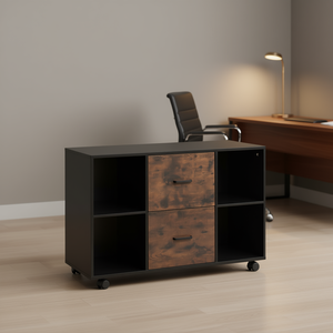 Meuble de classement moderne en bois à 2 tiroirs avec étagères ouvertes, roulettes verrouillables pour bureau à domicile - Product Image 2