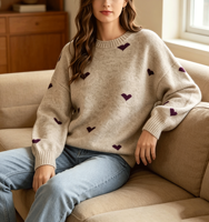Pull en maille jacquard à col rond pour femme, coupe ample, manches longues, avec logo personnalisé, motif cœur, couleur avoine, pour dames