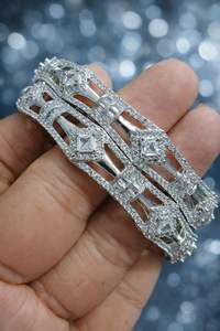 Classic Silver Plated Brass American Diamond Ethnic Imitation Pearl <b>Bangles</b> for Women's Wedding Occasion - Product Image 3