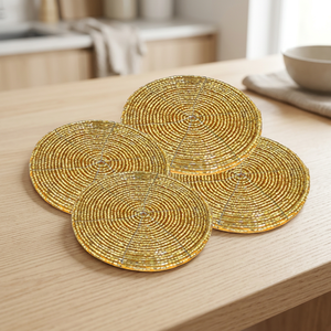 Handmade American Luxury Gold Beaded Eco-Friendly Rectangle Leather Slate Tea <b>Coasters</b> <b>Placemats</b> <b>Set</b> 4 Home Dining Kitchen Table - Product Image 2