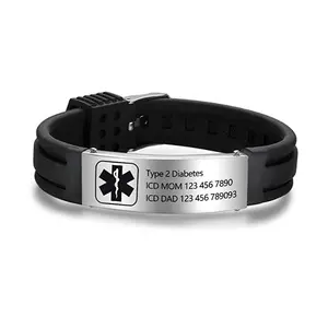  Braccialetti medici personalizzati con incisione personalizzata all'ingrosso braccialetti in Silicone con identificazione di emergenza sportiva regolabile