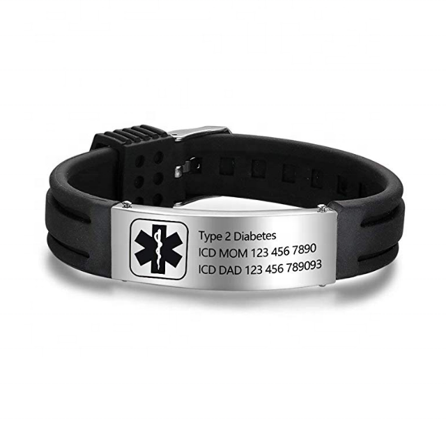 Wholesale Personalized Custom Engraving Gold Plated Medical ID Adjustable Sport Emergency Silicone Bracelets for Unisex