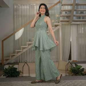 Mint Green Embellished Indian Pakistani Salwar Kameez Sequin Beaded Sleeveless <b>Top</b> <b>Net</b> Skirt Graduation Wedding Party Wear Quick - Product Image 1