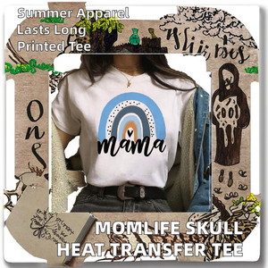 <span class=keywords><strong>Camiseta</strong></span> de verano Momlife al por mayor con diseño de moño despeinado y calavera superpuesta, estampada en tela de poliéster tejida con transferencia térmica - Product Image 2