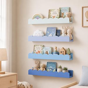 Estante de pared ondulado de madera, color azul claro, 4 niveles, estante de almacenamiento para habitación infantil, para libros, juguetes, organizador decorativo, tipo montado en la pared - Product Image 1
