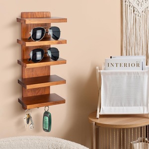 Support mural en bois pour lunettes de soleil avec porte-clés, organisateur de rangement multi-niveaux pour entrée, chambre et salon - Product Image 1