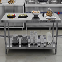 Plan de travail en acier inoxydable de qualité industrielle Honghua, argenté, à 2 niveaux, table de préparation commerciale, pieds réglables, résistant à la rouille