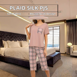 Pijamas de Verano de Seda de Leche a Cuadros de Lujo para Mujer, Conjunto de 2 Piezas con Cuello Redondo y Mangas Cortas, Estilo Europeo y Americano - Product Image 3