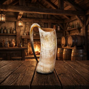 Mug en corne de bœuf poli antique 1L, logo personnalisable, B.S INTERNATIONAL, style américain, couvercle en bambou, vin, bière, camping, écologique - Product Image 1
