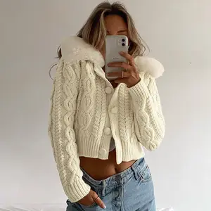 2021 Streetwear moda mujer Cardigan suéteres con adornos de piel Cuello estilo coreano Casual mujer recortada suéter