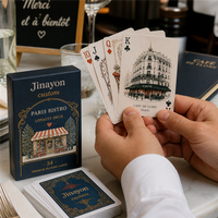 Jeu de cartes de poker personnalisé style bistrot français, doré à chaud, en papier couché, coins arrondis, boîte à rabat, 54 cartes + 2 jokers, pour restaurant