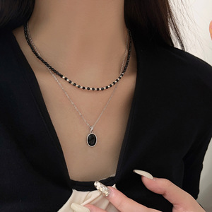 S925 Sterling <b>Silver</b> Black Agate Necklace 41cm-50cm Cross Chain Women's <b>Choker</b> Fashion Jewelry - Product Image 3