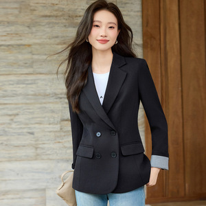 Women's Black Casual Blazer Double <b>Button</b> Solid Color Anti-Wrinkle Worsted Spring Autumn Plus Size <b>Suit</b> Top - Product Image 1