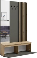 Armoire de couloir moderne en chêne et graphite avec commode, banc miroir et panneau de porte-manteau
