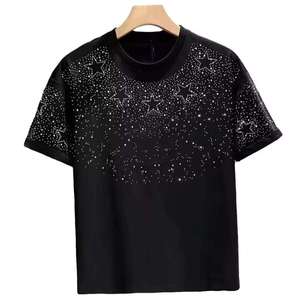 Camiseta Negra con Pedrería para Hombre, Casual, Manga Corta, Algodón, Jersey, Largo Regular, Serigrafía, Bordado - Product Image 1