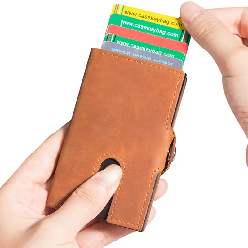 Carteira masculina de luxo de fábrica, carteira slim minimalista e personalizada rfid, porta-cartão de crédito e carteira de couro reciclado