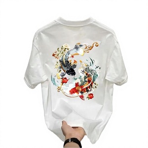 T-shirt tendance en coton épais 100 %, manches courtes, style chinois, broderie carpe et fleurs, coupe ample décontractée, col rond, anti-boulochage - Product Image 4
