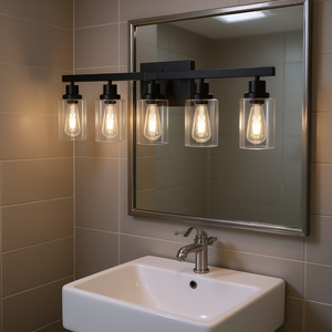 Lampada da Specchio Moderna a 5 Luci in Ferro Nero con Paralumi in Vetro Trasparente da 31 Pollici, Montaggio a Parete per Bagno, Luce Bianca Calda - Product Image 2