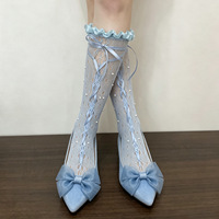 Chaussettes d'été fines et respirantes pour femmes, style doux, en dentelle, mi-mollet, avec nœud, perles et volants ajourés