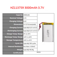 HZ 113759 3.7V 3000mAh LiNiMnCoO2 Baterai Lithium Isi Ulang Soft Pack Li-Po Sel Tunggal 500 Siklus untuk Peralatan Listrik