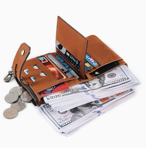 Portefeuille unisexe vintage à double rabat avec chaîne, en cuir véritable, blocage RFID, double fermeture éclair, pochette à monnaie, antivol, court, en polyester - Product Image 5