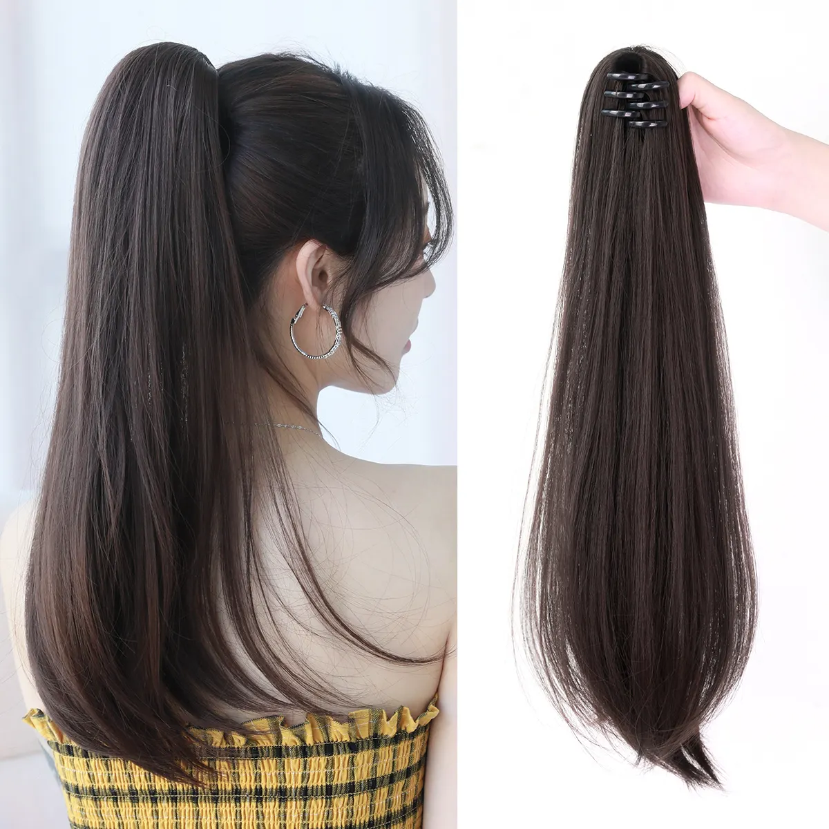 Brown Ponytail Extension Claw For Women Curly Hair Piece 20" Synthetic Pony Tail Hair Extensions Straight Heat-Resisting