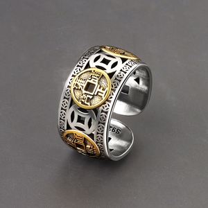 Anneaux ajustables Feng Shui chinois Pixiu vintage en zircon plaqué argent avec pièces de monnaie en cuivre, amulette porte-bonheur pour femmes et hommes, bijoux de richesse - Product Image 1