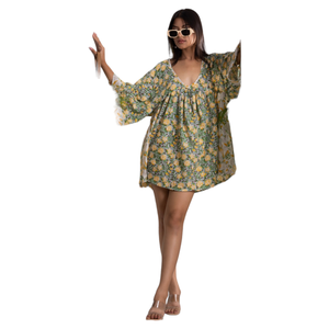 Vestido Boho Estampado Verde Lima y Amarillo con Cuello en V y Paneles Laterales, Corto, Elegante, Informal, Ropa de Verano para Mujer - Product Image 1