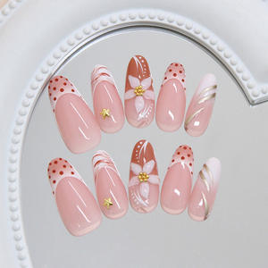 Lot de 24 <span class=keywords><strong>faux</strong></span> ongles de luxe réutilisables en amande, motif floral, de haute qualité, à presser, style français, pour la vente en gros - Product Image 3