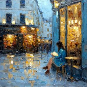 Cuadro al Óleo de Lluvia: Niña Leyendo en la Calle, Paisaje Urbano Impresionista Original, Arte Romántico Francés para Decoración del Hogar y Galería - Product Image 4