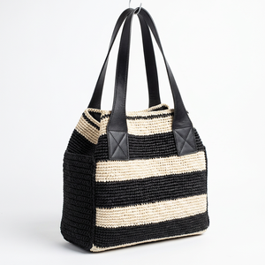 Bolso de hombro a rayas de ganchillo para mujer, dos asas, estilo bohemio, parte superior abierta, uso diario, para todas las estaciones - Product Image 4