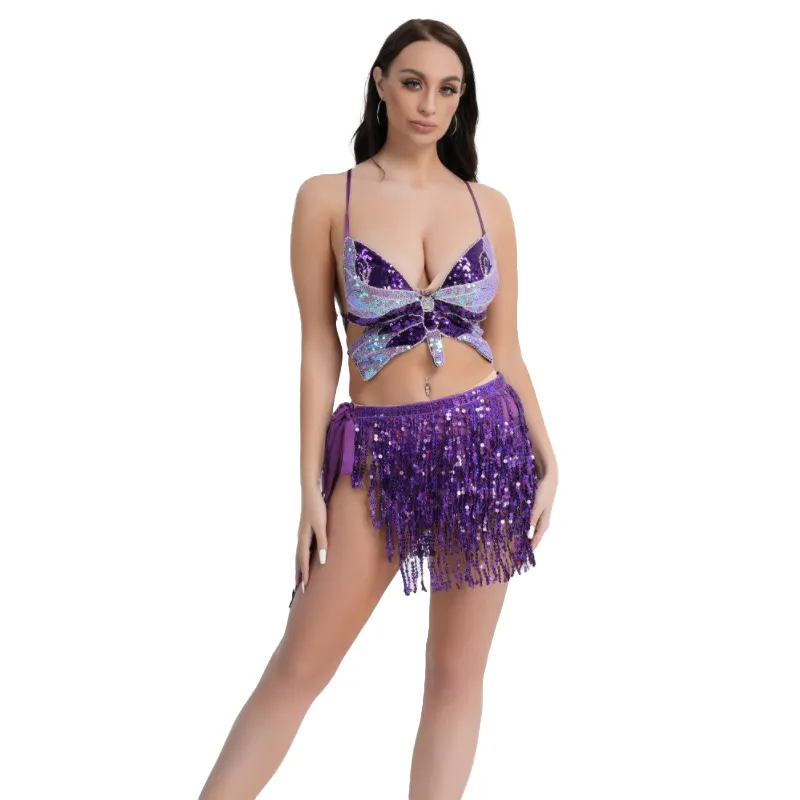 SC024 Sexy Belly Dance Butterfly Sequin Tops Tassel Lace Up Skirts Set Samba Carnival Performance Stage Costumes