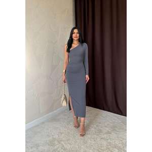 Vestido de Noche al por Mayor con un Solo Hombro, Detalle Fruncido, Cintura Imperio, Silueta de Gala, Talla XL, Largo hasta el Suelo, Estilo Fiesta, Color Gris - Product Image 5