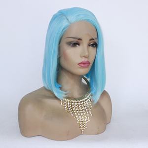 LINDALHAIR, pelucas de Bob corto, parte lateral azul cielo con oreja a oreja, peluca con malla frontal, pelo sintético resistente al calor, peluca con parte lateral izquierda - Product Image 3