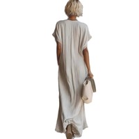 Robe longue décontractée et élégante en lin et coton, coupe trapèze, col en V, bordure dentelle, confortable, style été 2026, très tendance en Europe et en Amérique