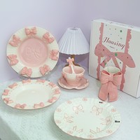 Petite Princesse Rose Doux – Assiette à Dessert et Fruits en Céramique avec Nœud 3D en Relief, Assiettes et Tasses Décoratives, Décoration de Table Esthétique Féminine pour la Maison