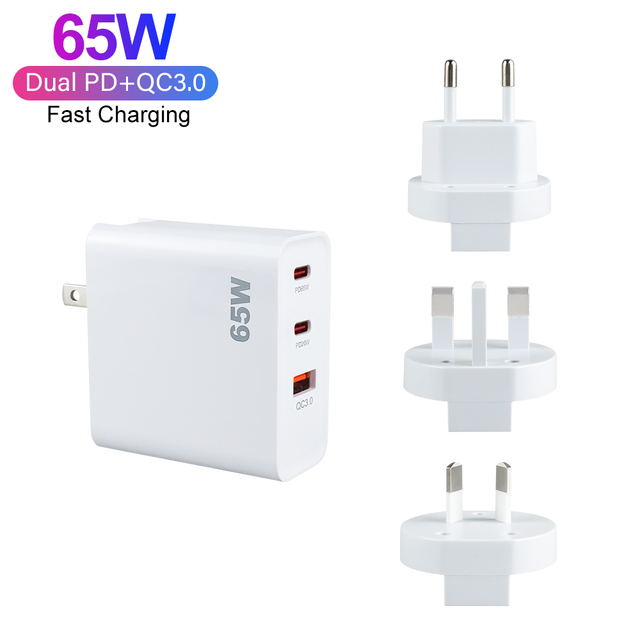 Factory 65W GaN Charger 3 Port QC 3.0 USB Type C PD Adapter for Laptop Mobile Phone EU/US/UK/AU Plug 65 Watt Travel Charger