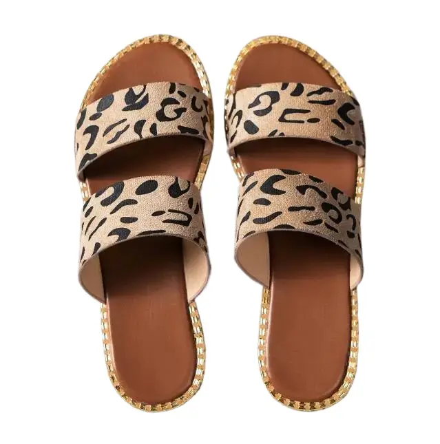Летняя Новая женская обувь с леопардовым принтом, большие сандалии, Повседневные Удобные пляжные туфли на плоской подошве