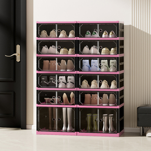 Scarpiera portatile in un unico pezzo, alla moda, nera e rosa, facile da montare, scarpiera pieghevole in plastica, con Logo personalizzato - Product Image 5
